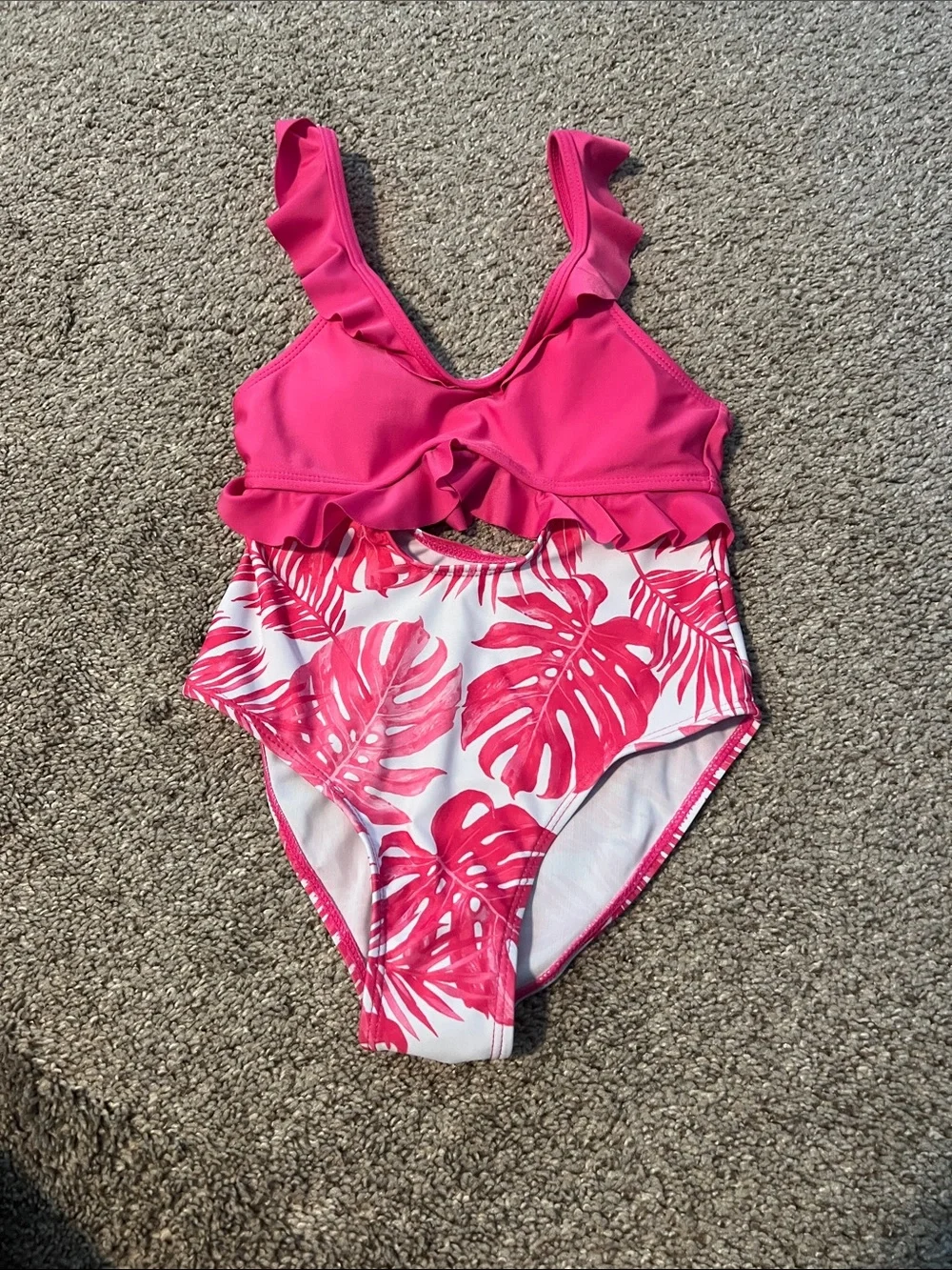 SHEIN Hot Pink Ruffle One-Piece Swimsuit with Tropical Leaf Print